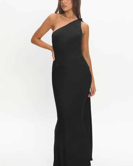 Black One-Shoulder Bow Maxi Dress