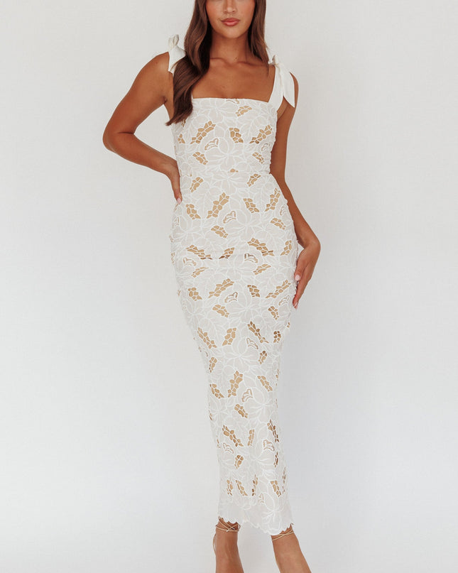 White Tied Shoulder Maxi Dress Embroidered