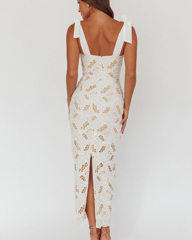 White Tied Shoulder Maxi Dress Embroidered