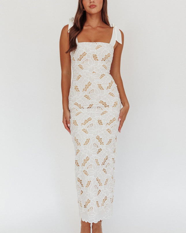 White Tied Shoulder Maxi Dress Embroidered