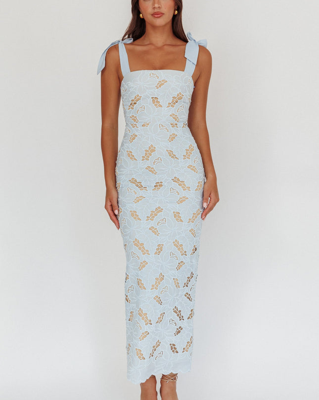 Baby Blue Tied Shoulder Maxi Dress Embroidered