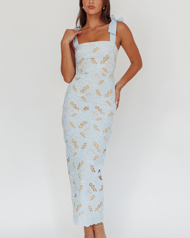 Baby Blue Tied Shoulder Maxi Dress Embroidered