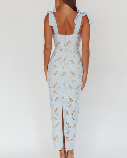 Baby Blue Tied Shoulder Maxi Dress Embroidered