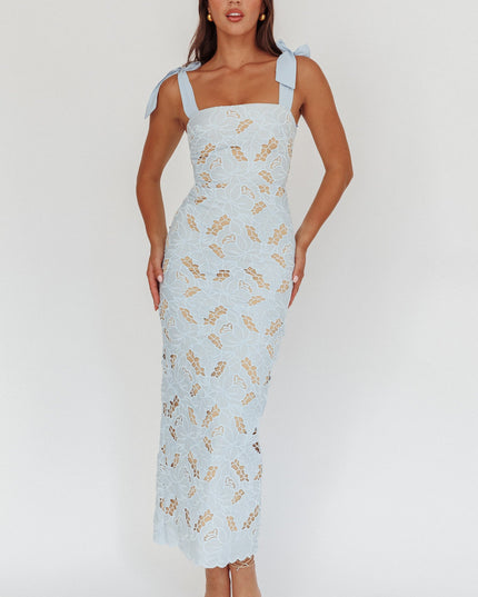 Baby Blue Tied Shoulder Maxi Dress Embroidered