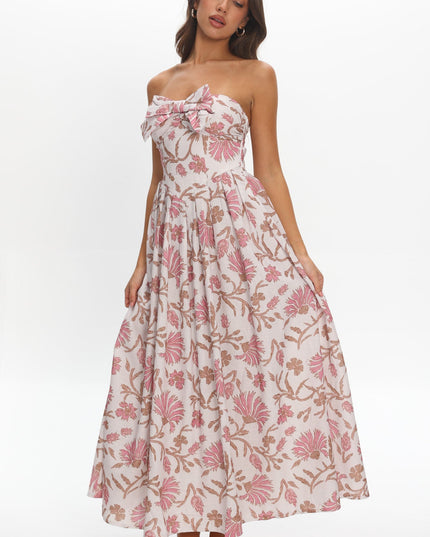 Beige Bow Bust Maxi Dress Floral