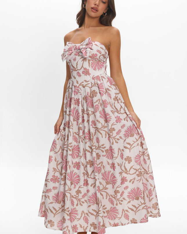 Beige Bow Bust Maxi Dress Floral