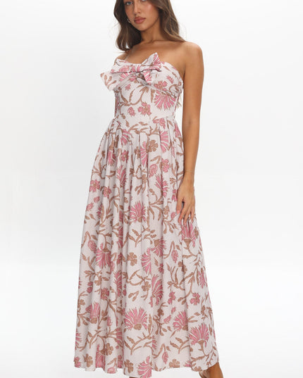 Beige Bow Bust Maxi Dress Floral
