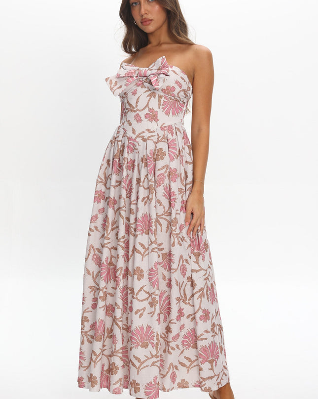 Beige Bow Bust Maxi Dress Floral