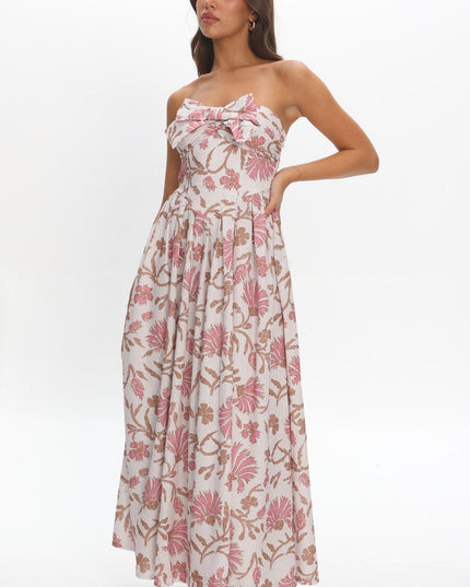 Beige Bow Bust Maxi Dress Floral
