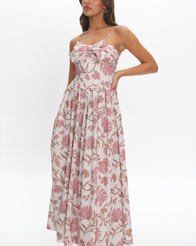 Beige Bow Bust Maxi Dress Floral