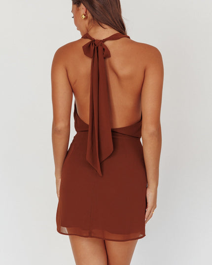 Chocolate Cowl Halter Mini Dress