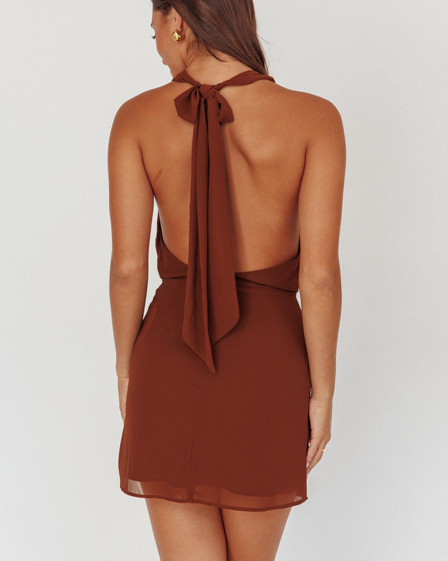 Chocolate Cowl Halter Mini Dress