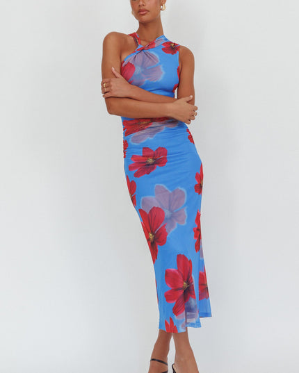 Blue Twist Neck Maxi Dress Floral