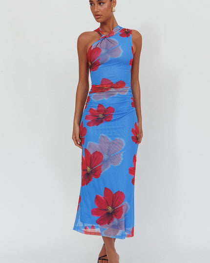 Blue Twist Neck Maxi Dress Floral