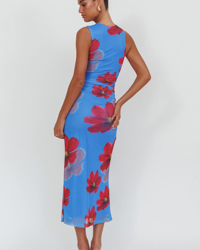 Blue Twist Neck Maxi Dress Floral