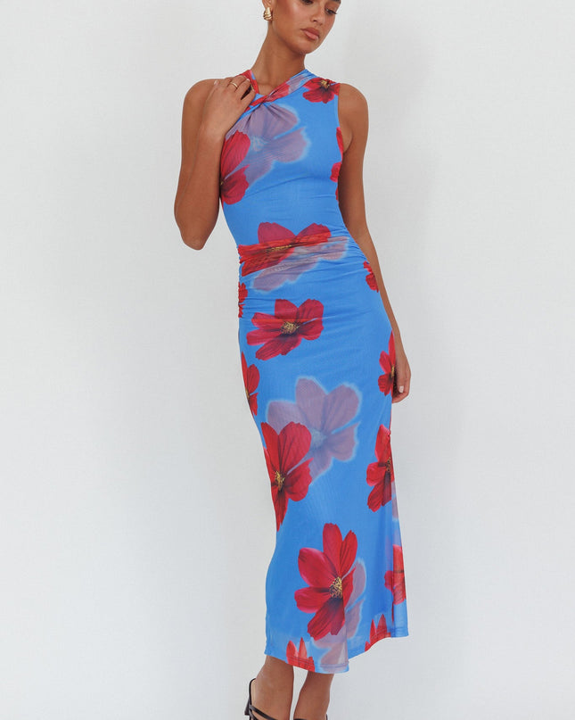 Blue Twist Neck Maxi Dress Floral