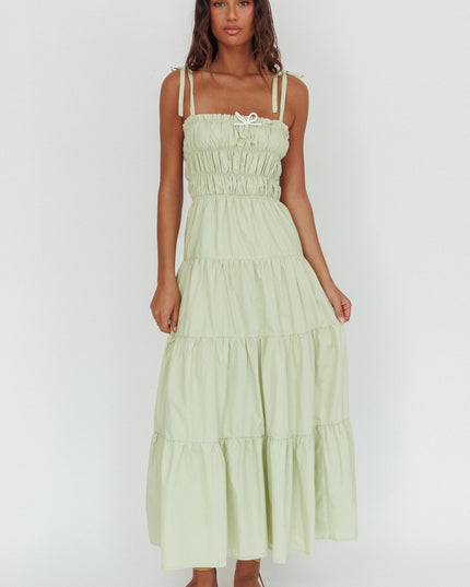 Sage Tied Shoulder Smocked Bodice Maxi Dress