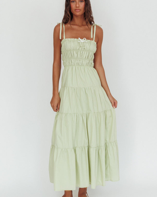 Sage Tied Shoulder Smocked Bodice Maxi Dress