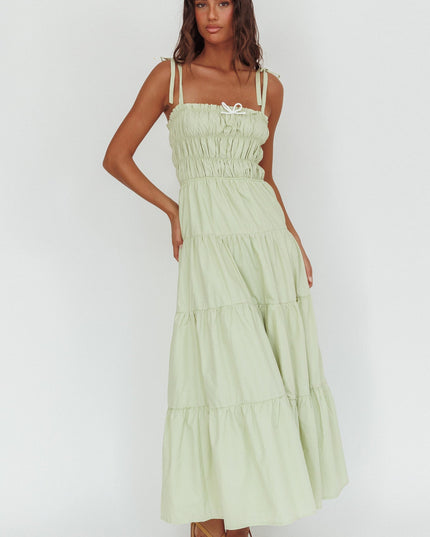 Sage Tied Shoulder Smocked Bodice Maxi Dress