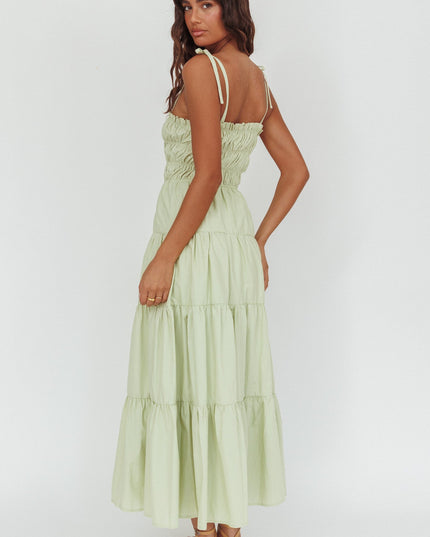 Sage Tied Shoulder Smocked Bodice Maxi Dress