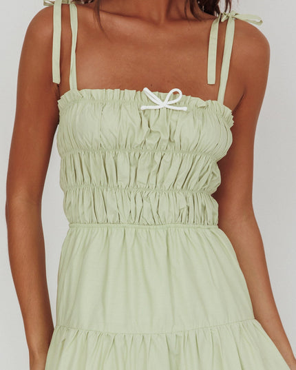 Sage Tied Shoulder Smocked Bodice Maxi Dress