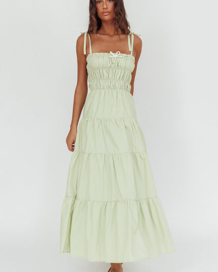 Sage Tied Shoulder Smocked Bodice Maxi Dress