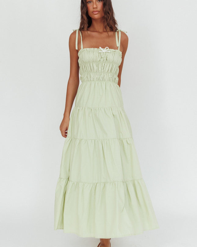 Sage Tied Shoulder Smocked Bodice Maxi Dress