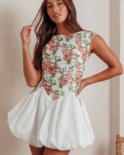 Pink Cap Sleeve Bubble Hem Mini Dress Floral
