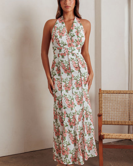 Pink Pintuck Pleat Halterneck Maxi Dress Floral