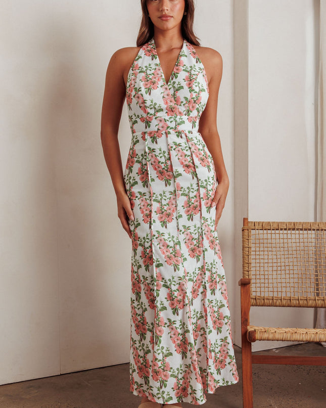 Pink Pintuck Pleat Halterneck Maxi Dress Floral