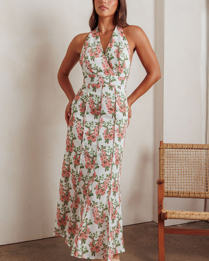 Pink Pintuck Pleat Halterneck Maxi Dress Floral