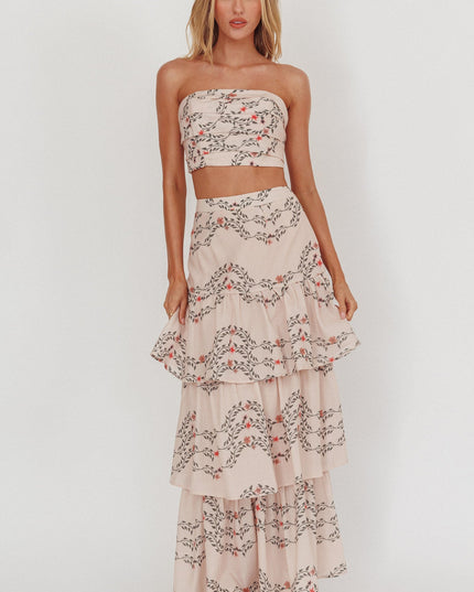 Beige Tiered Ruffle Maxi Skirt Floral