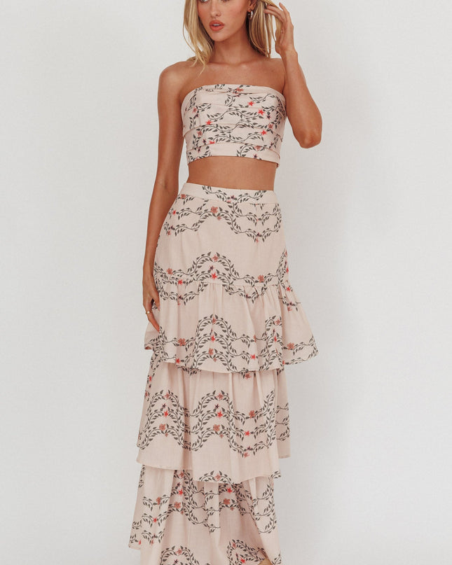 Beige Tiered Ruffle Maxi Skirt Floral