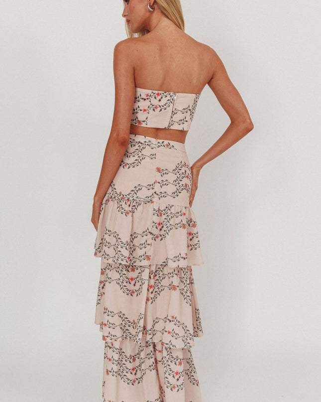 Beige Tiered Ruffle Maxi Skirt Floral