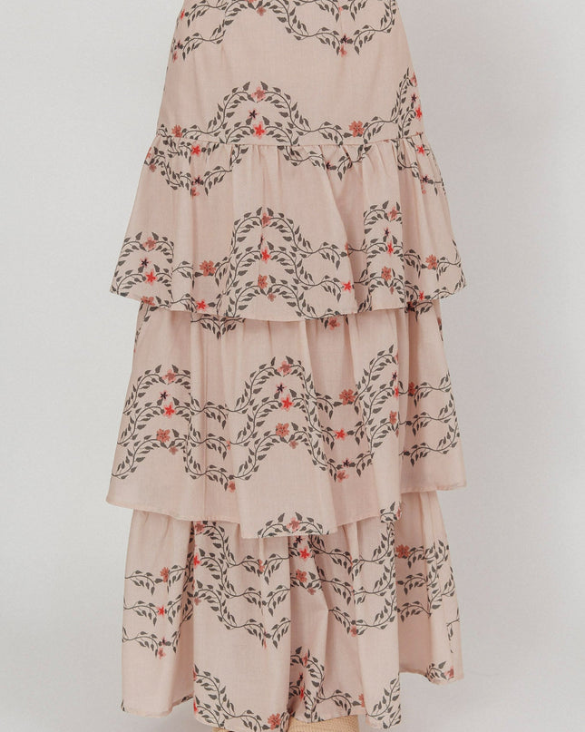 Beige Tiered Ruffle Maxi Skirt Floral