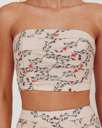 Beige Strapless Pleat Crop Top Floral