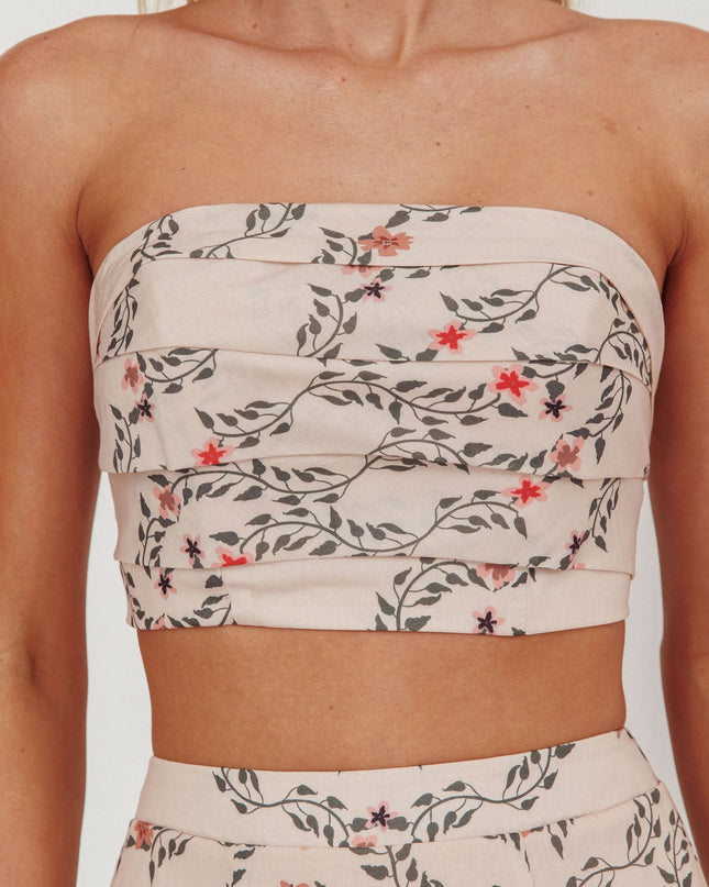 Beige Strapless Pleat Crop Top Floral