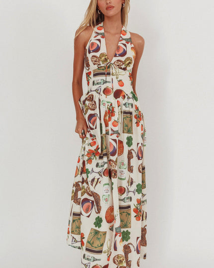 Beige Basque Waist Open Back Maxi Dress Exotic
