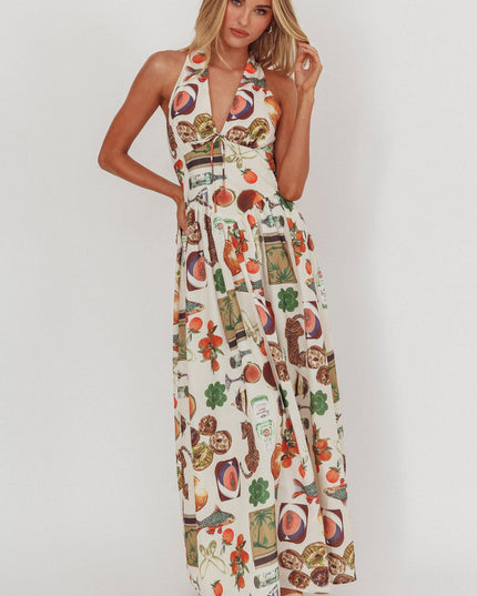 Beige Basque Waist Open Back Maxi Dress Exotic