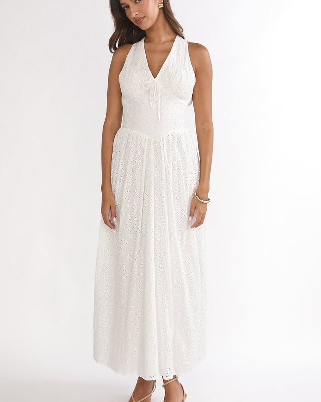 White Halter Maxi Dress Eyelet