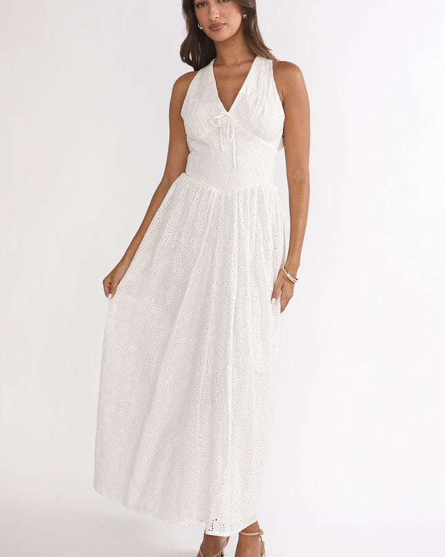 White Halter Maxi Dress Eyelet