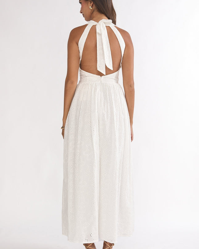 White Halter Maxi Dress Eyelet
