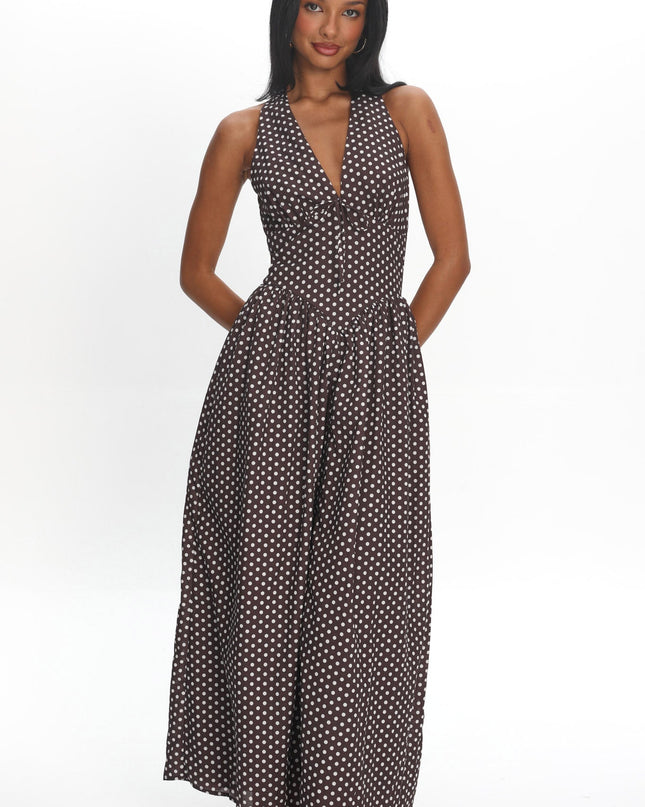 Chocolate Basque Waist Open Back Maxi Dress Spotted