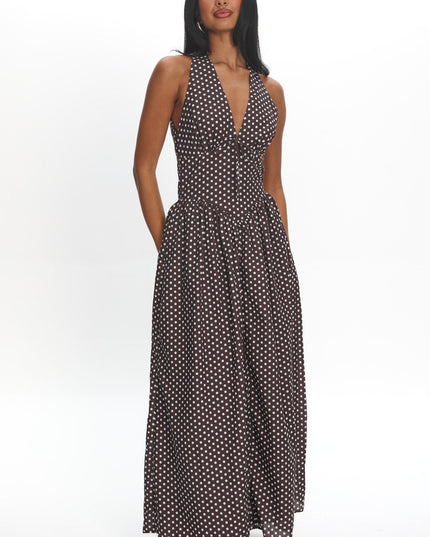 Chocolate Basque Waist Open Back Maxi Dress Spotted