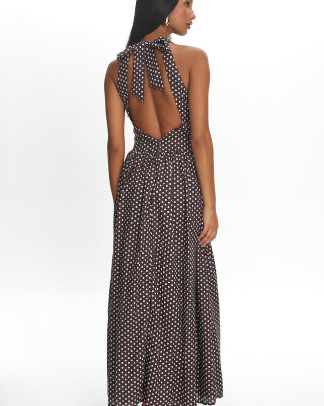 Chocolate Basque Waist Open Back Maxi Dress Spotted