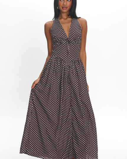 Chocolate Basque Waist Open Back Maxi Dress Spotted