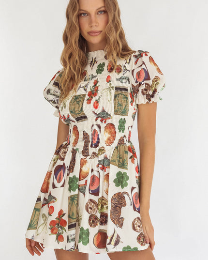 Beige Shirred Puff Sleeve Mini Dress Exotic Print