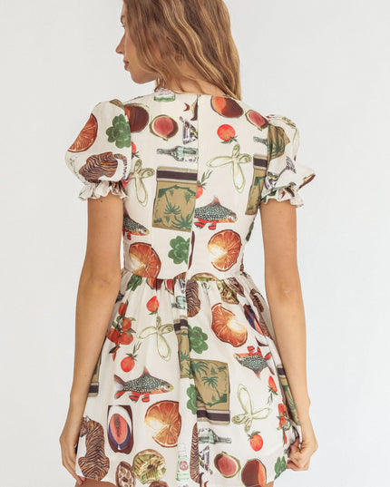 Beige Shirred Puff Sleeve Mini Dress Exotic Print
