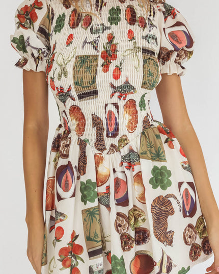 Beige Shirred Puff Sleeve Mini Dress Exotic Print