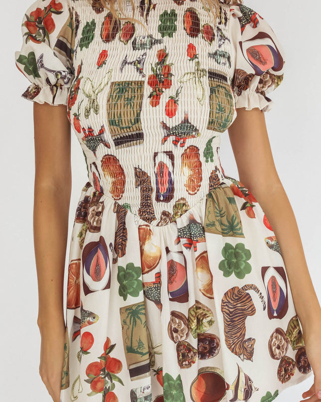 Beige Shirred Puff Sleeve Mini Dress Exotic Print
